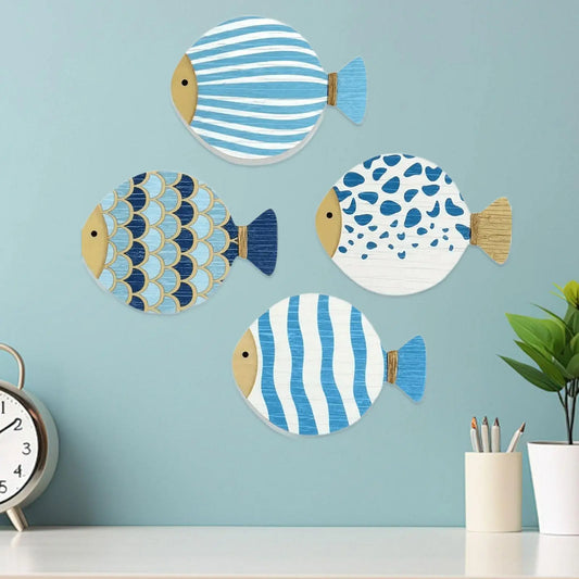 4-Piece Ocean Theme Wooden Wall Art – Fish Decor for Bathroom & Home