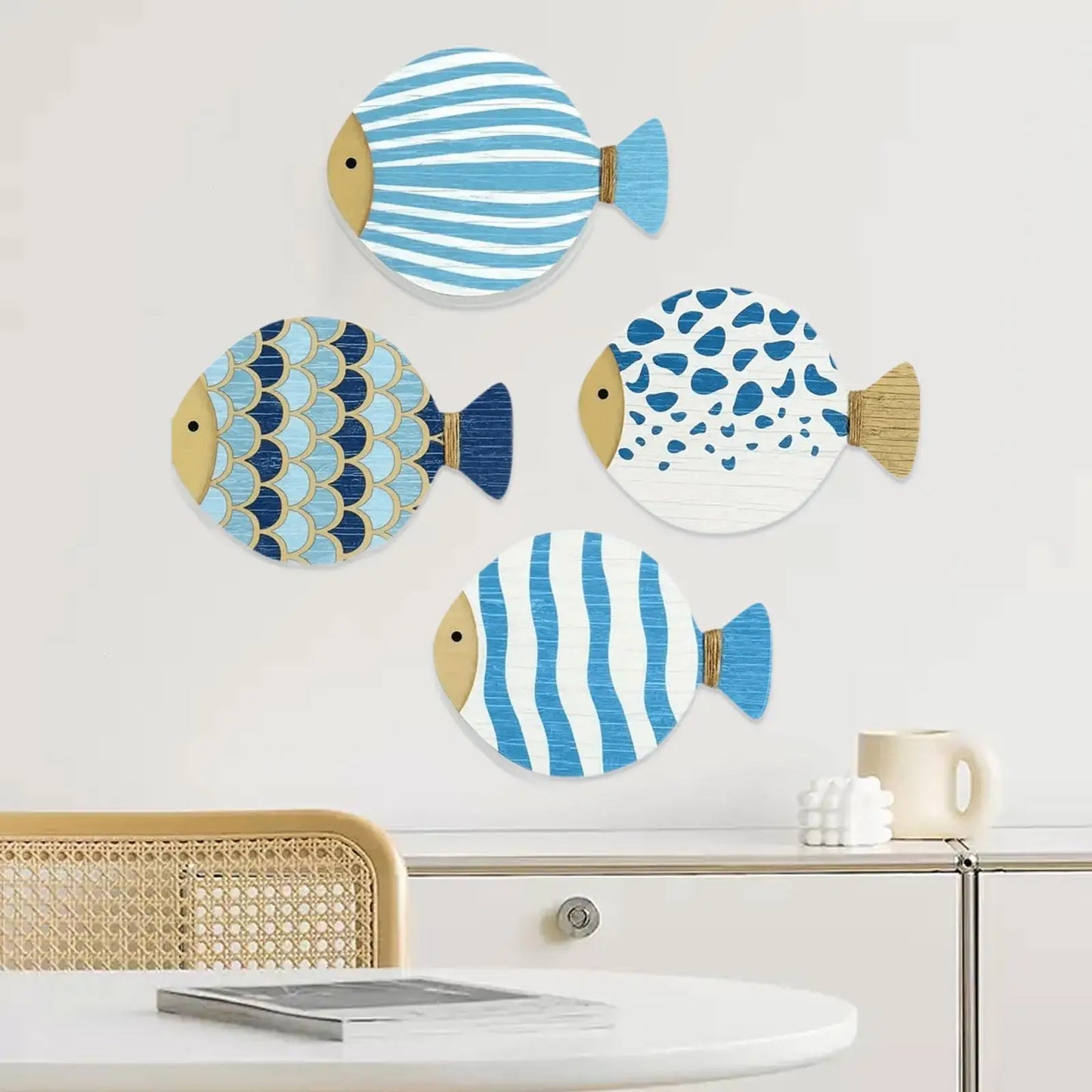4-Piece Ocean Theme Wooden Wall Art – Fish Decor for Bathroom & Home