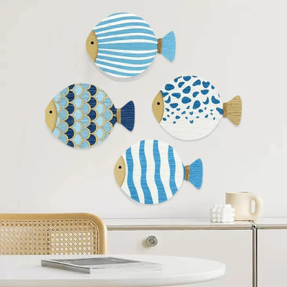 4-Piece Ocean Theme Wooden Wall Art – Fish Decor for Bathroom & Home