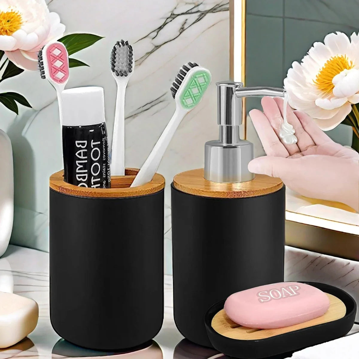 Bathroom Set – Soap Dispenser, Toothbrush Holder & Soap Dish