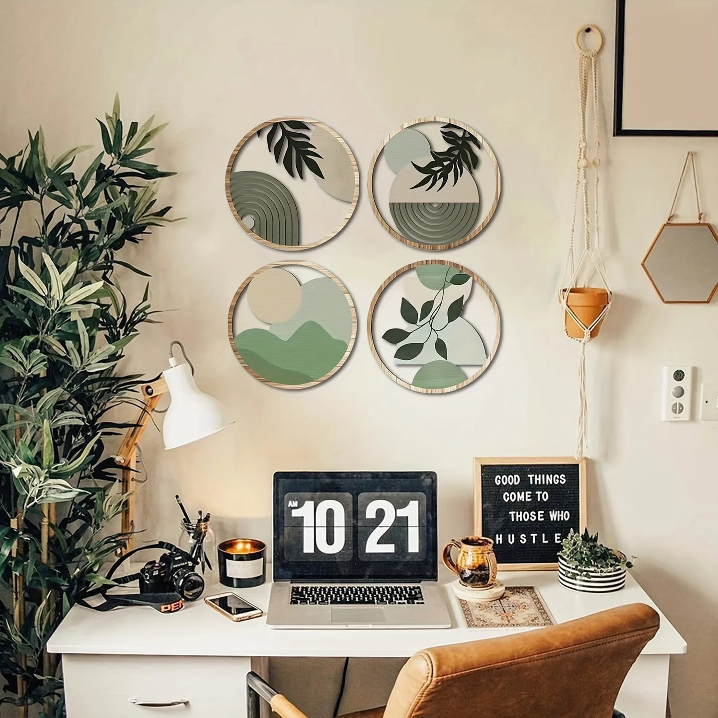 4-Piece Boho Wooden Wall Art – Rustic Farmhouse Hanging Decor