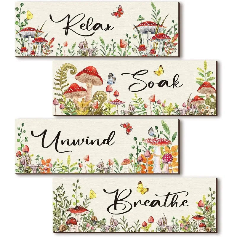 4Pcs Mushroom & Floral Bathroom Wall Art Set