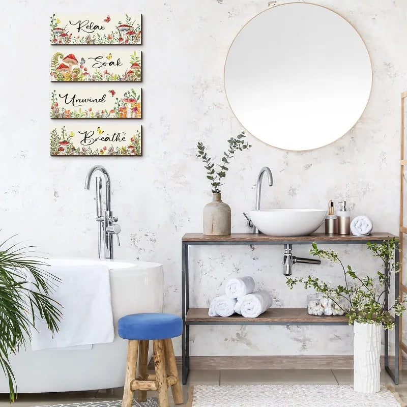 4Pcs Mushroom & Floral Bathroom Wall Art Set