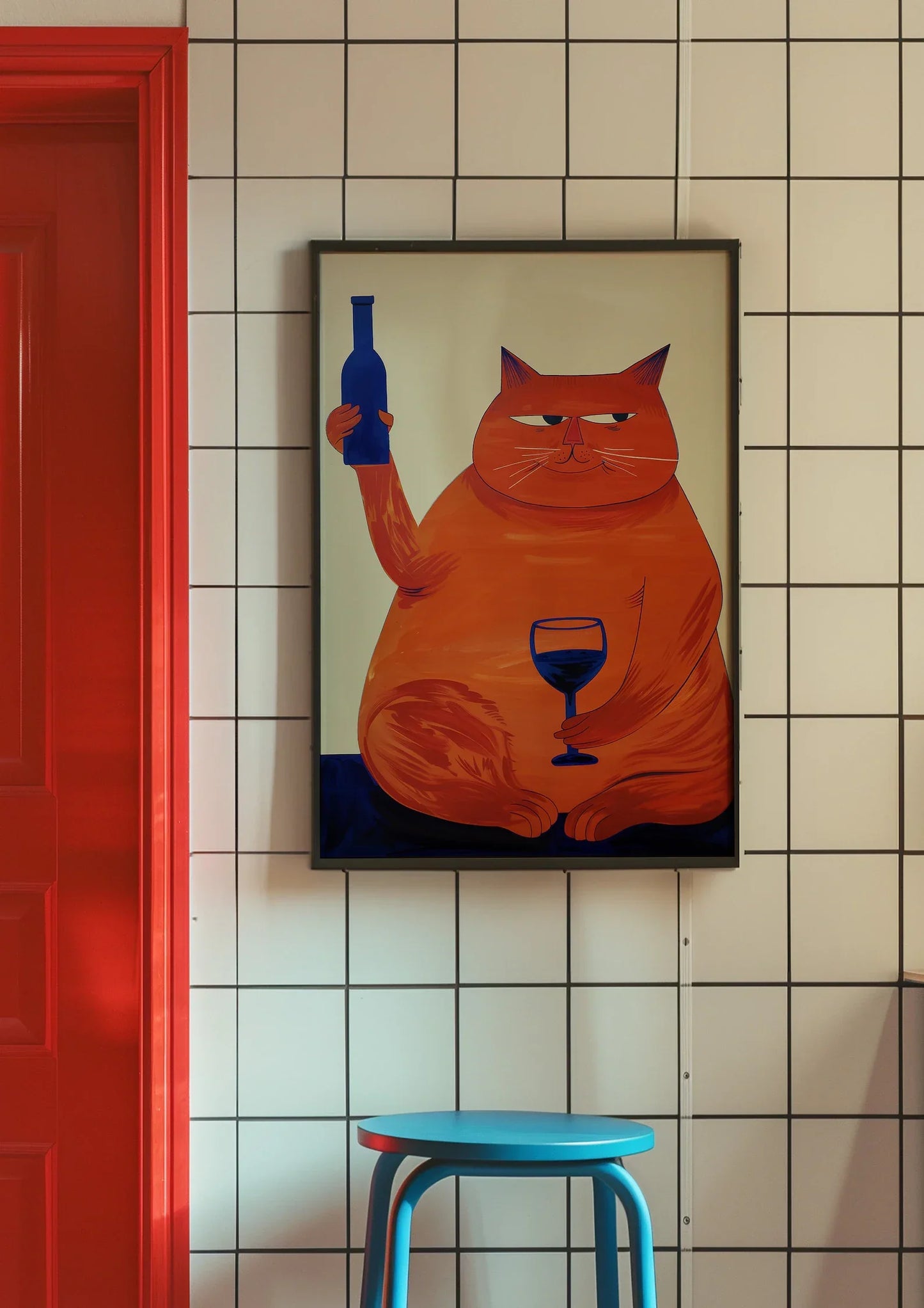 Retro Bar Cart Cat & Wine Art Print