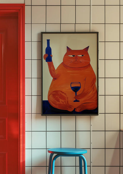 Retro Bar Cart Cat & Wine Art Print