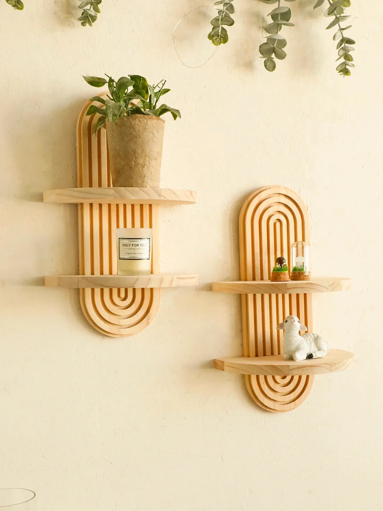 Boho Wall Mounted Wooden Shelves – Modern Display Rack for Living Room