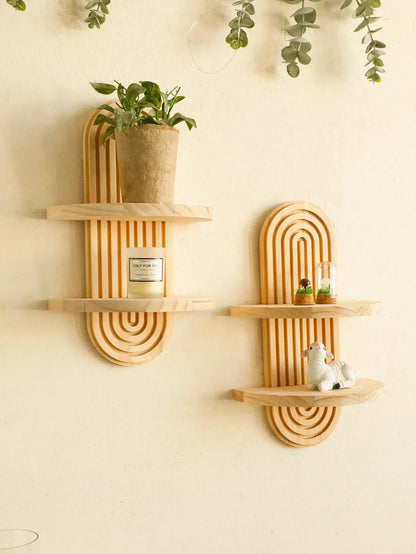 Boho Wall Mounted Wooden Shelves – Modern Display Rack for Living Room