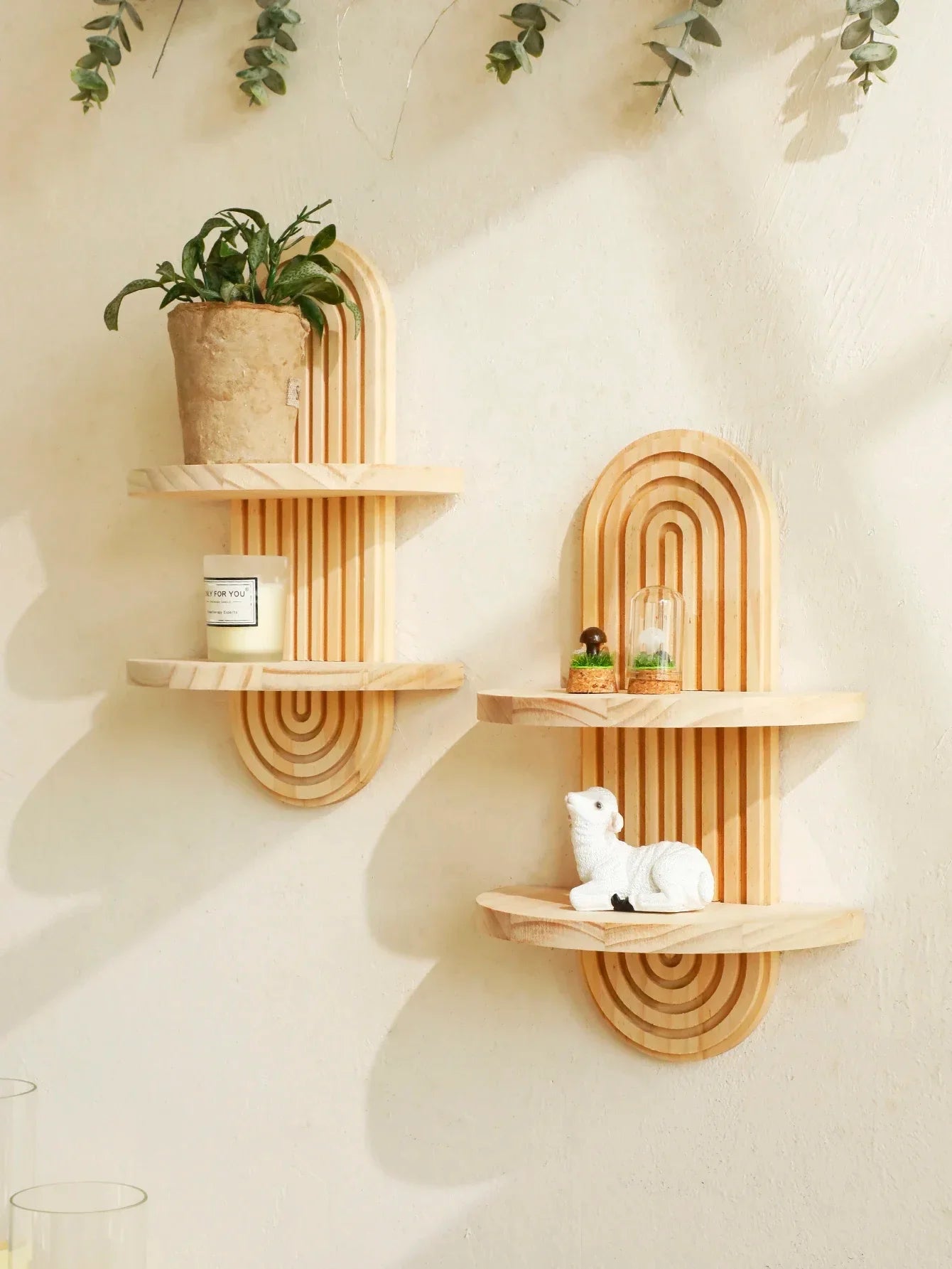 Boho Wall Mounted Wooden Shelves – Modern Display Rack for Living Room