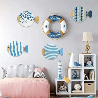 4-Piece Ocean Theme Wooden Wall Art – Fish Decor for Bathroom & Home