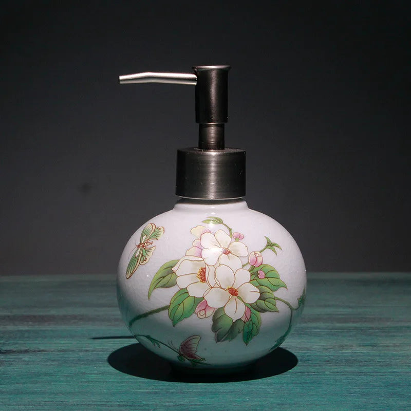 Floral Ceramic Bathroom Set – Toothbrush Holder, Cup & Lotion Bottle