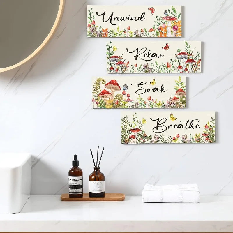 4Pcs Mushroom & Floral Bathroom Wall Art Set