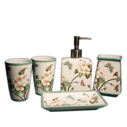 Floral Ceramic Bathroom Set – Toothbrush Holder, Cup & Lotion Bottle
