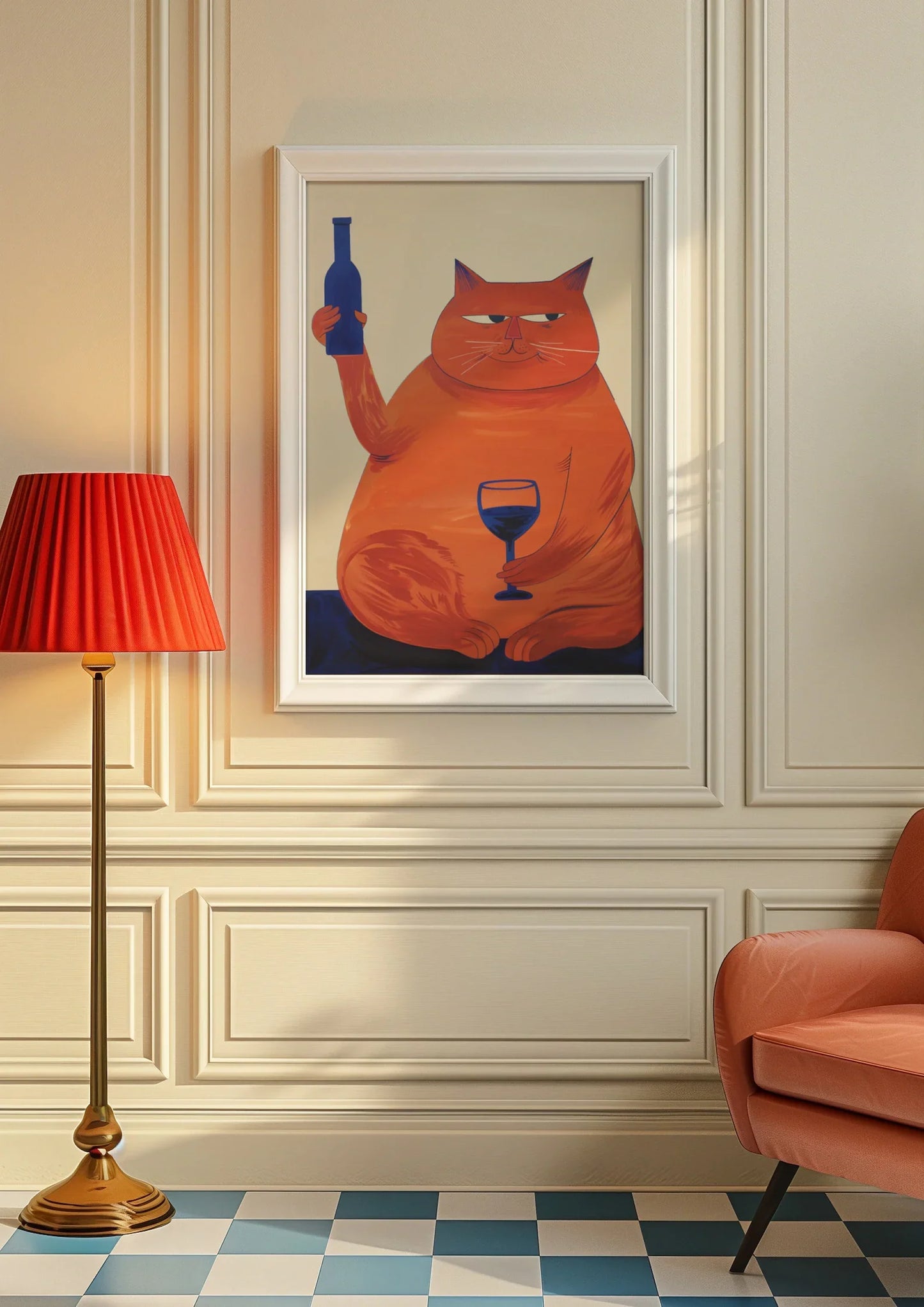 Retro Bar Cart Cat & Wine Art Print