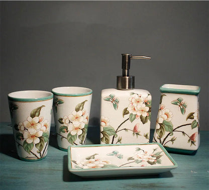 Floral Ceramic Bathroom Set – Toothbrush Holder, Cup & Lotion Bottle