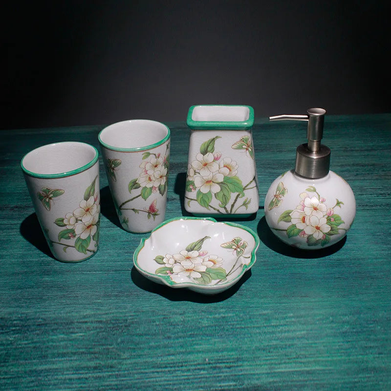 Floral Ceramic Bathroom Set – Toothbrush Holder, Cup & Lotion Bottle