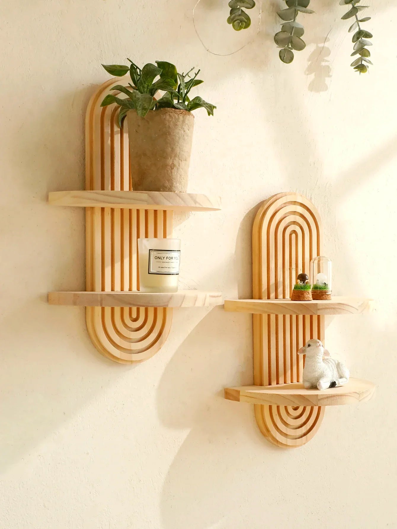 Boho Wall Mounted Wooden Shelves – Modern Display Rack for Living Room