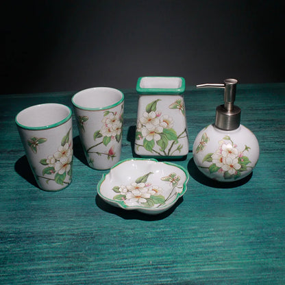 Floral Ceramic Bathroom Set – Toothbrush Holder, Cup & Lotion Bottle