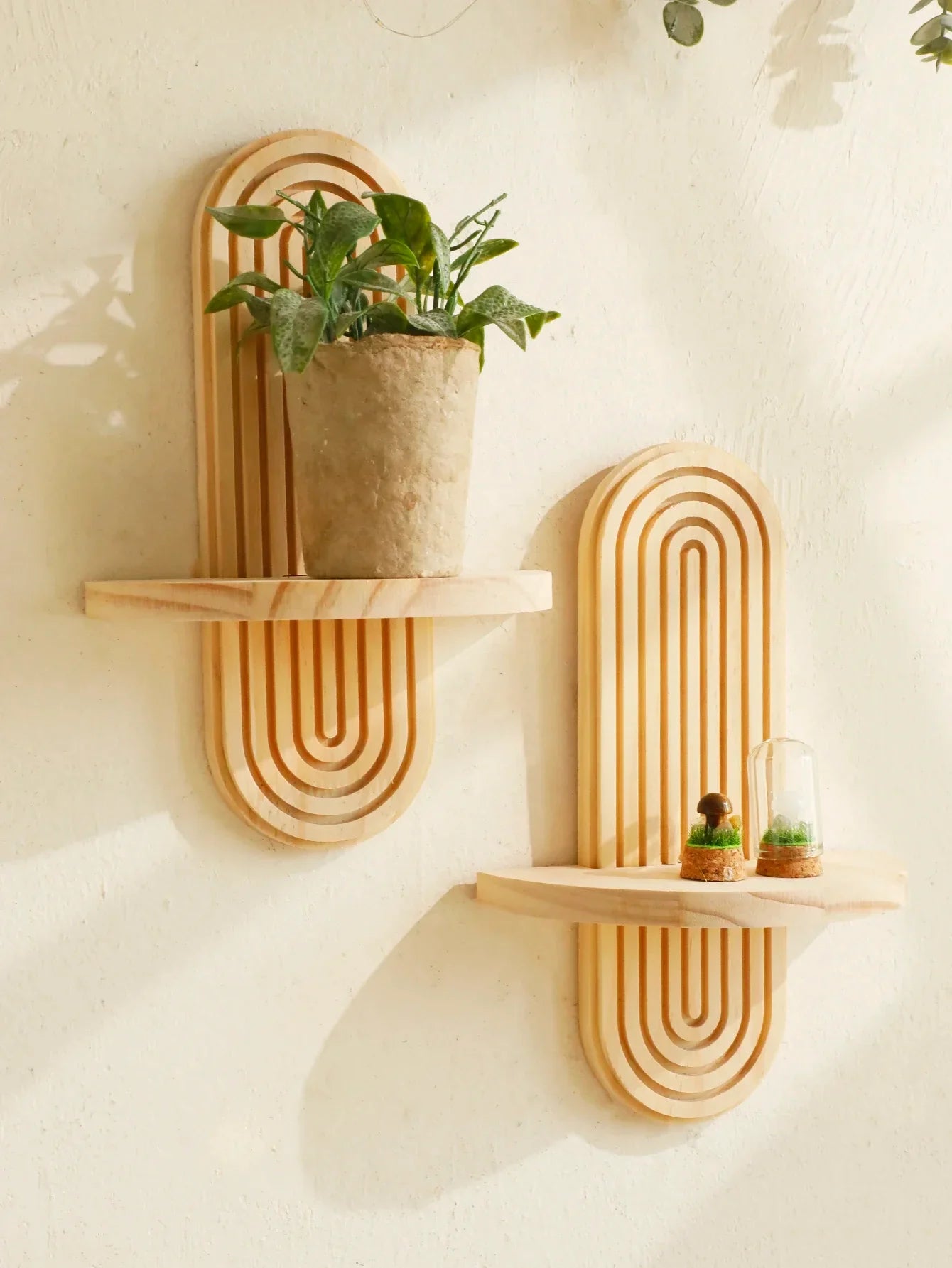Boho Wall Mounted Wooden Shelves – Modern Display Rack for Living Room