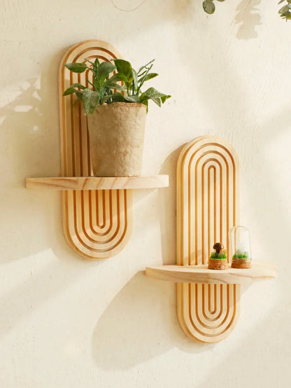 Boho Wall Mounted Wooden Shelves – Modern Display Rack for Living Room