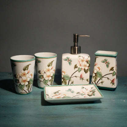 Floral Ceramic Bathroom Set – Toothbrush Holder, Cup & Lotion Bottle