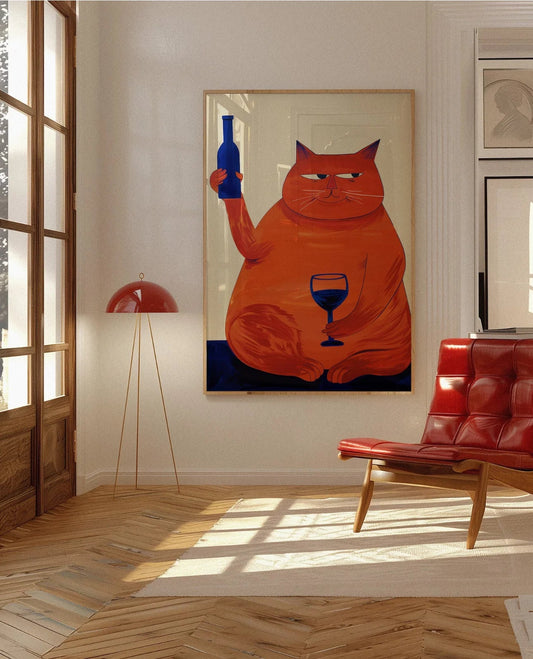 Retro Bar Cart Cat & Wine Art Print