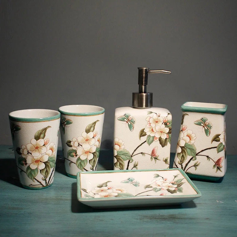 Floral Ceramic Bathroom Set – Toothbrush Holder, Cup & Lotion Bottle