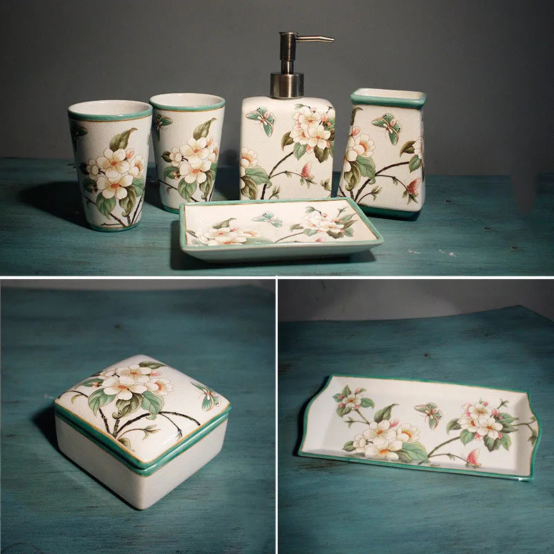 Floral Ceramic Bathroom Set – Toothbrush Holder, Cup & Lotion Bottle