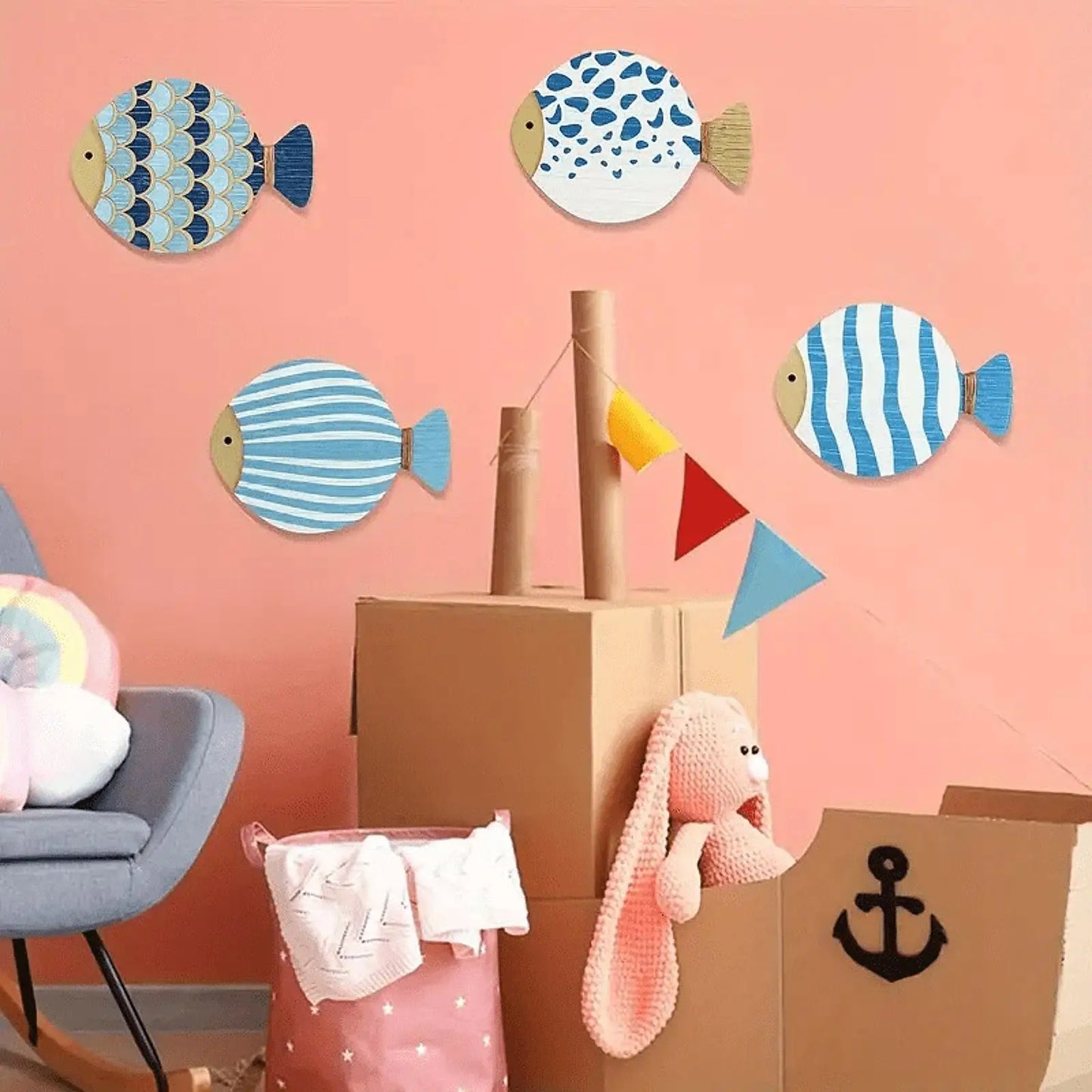 4-Piece Ocean Theme Wooden Wall Art – Fish Decor for Bathroom & Home