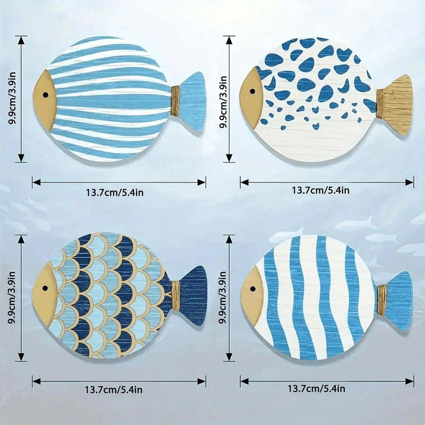 4-Piece Ocean Theme Wooden Wall Art – Fish Decor for Bathroom & Home