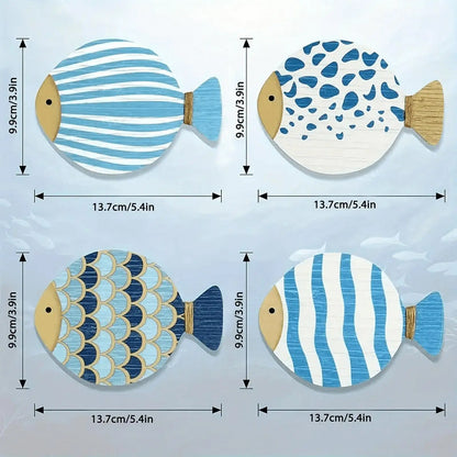 4-Piece Ocean Theme Wooden Wall Art – Fish Decor for Bathroom & Home