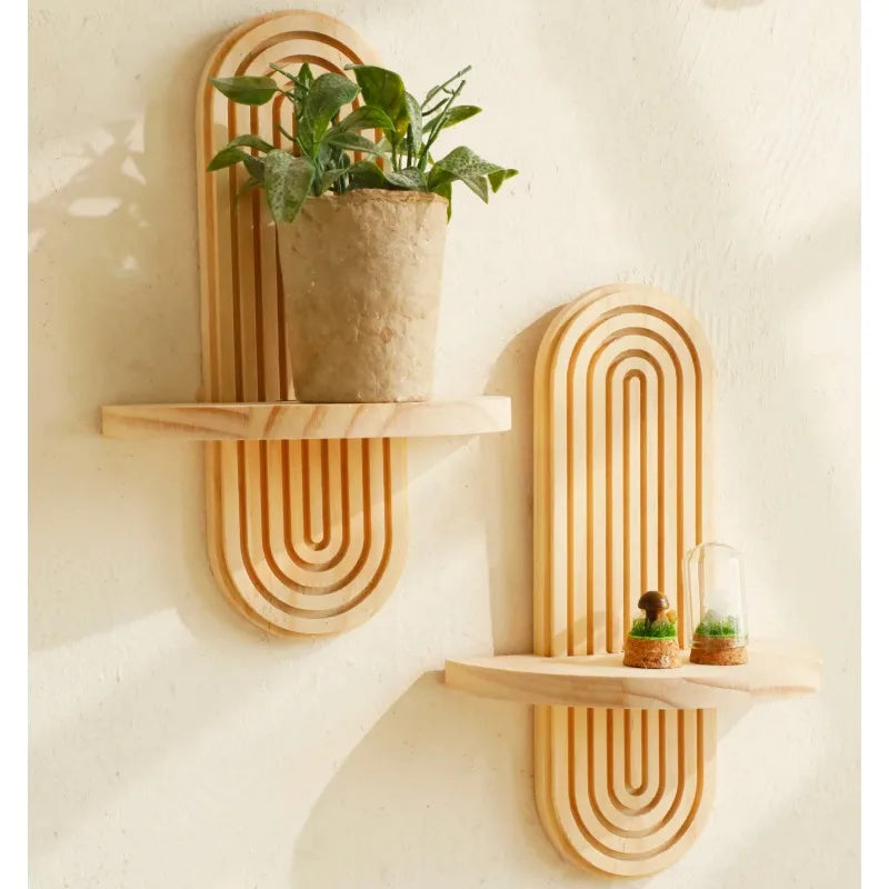 Boho Wall Mounted Wooden Shelves – Modern Display Rack for Living Room