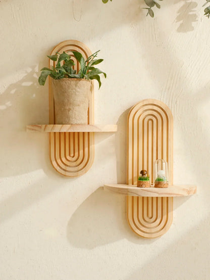 Boho Wall Mounted Wooden Shelves – Modern Display Rack for Living Room