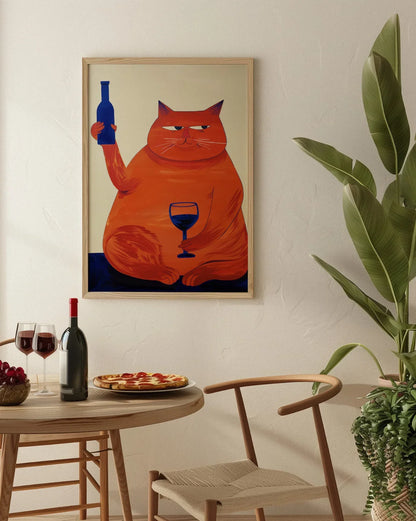 Retro Bar Cart Cat & Wine Art Print