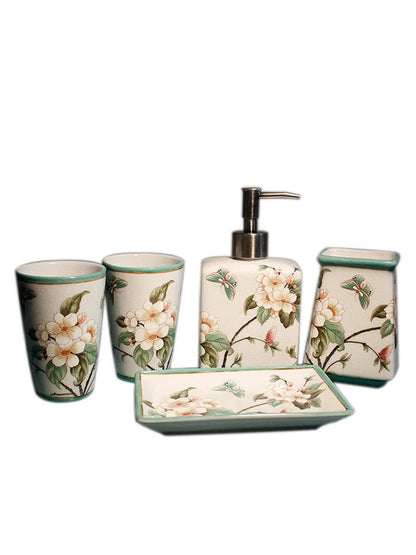 Floral Ceramic Bathroom Set – Toothbrush Holder, Cup & Lotion Bottle